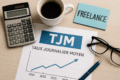 Tjm freelance avec document de calcul du taux journalier moyen, graphique de progression, calculatrice, lunettes et tasse de café sur bureau