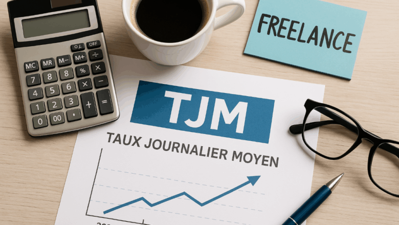 Tjm freelance avec document de calcul du taux journalier moyen, graphique de progression, calculatrice, lunettes et tasse de café sur bureau