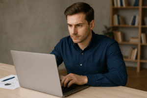 Candidat en préparation sur ordinateur pour un Test psychotechnique SNCF en ligne